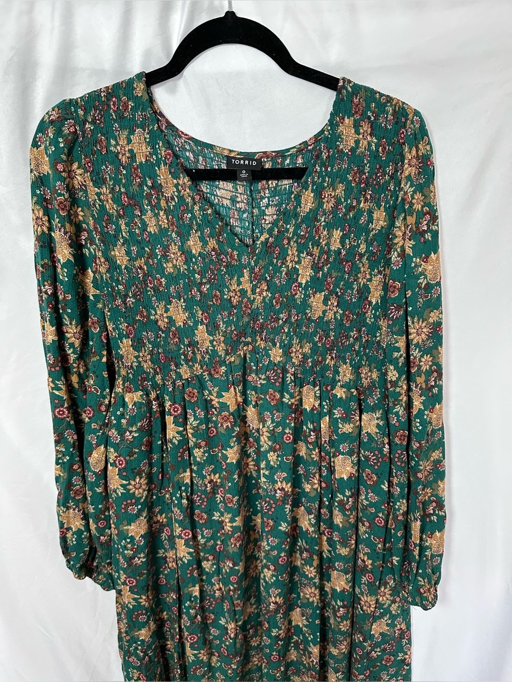 Torrid Midi Washable Gauze Smocked Bodice Long Sleeve Dress Floral Green Size 0